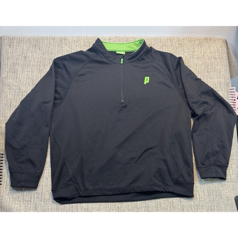 Prince Pickleball Track Jacket Mens Black Quarter Zip Green Logo C 25 in L 27 in